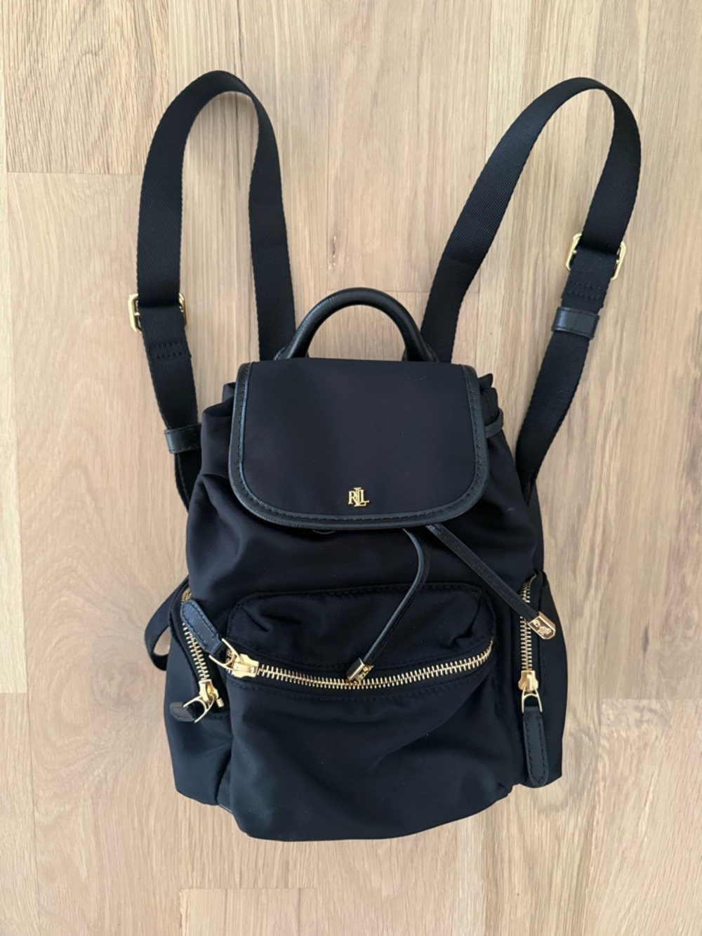 Lauren Ralph Lauren Keely Black Nylon Backpack with Gold Hardware Accents